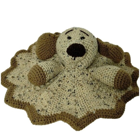 Puppy Lovey Handmade Crochet Tan and Brown  Puppy Security Blanket  15" Wide - Picture 2 of 10